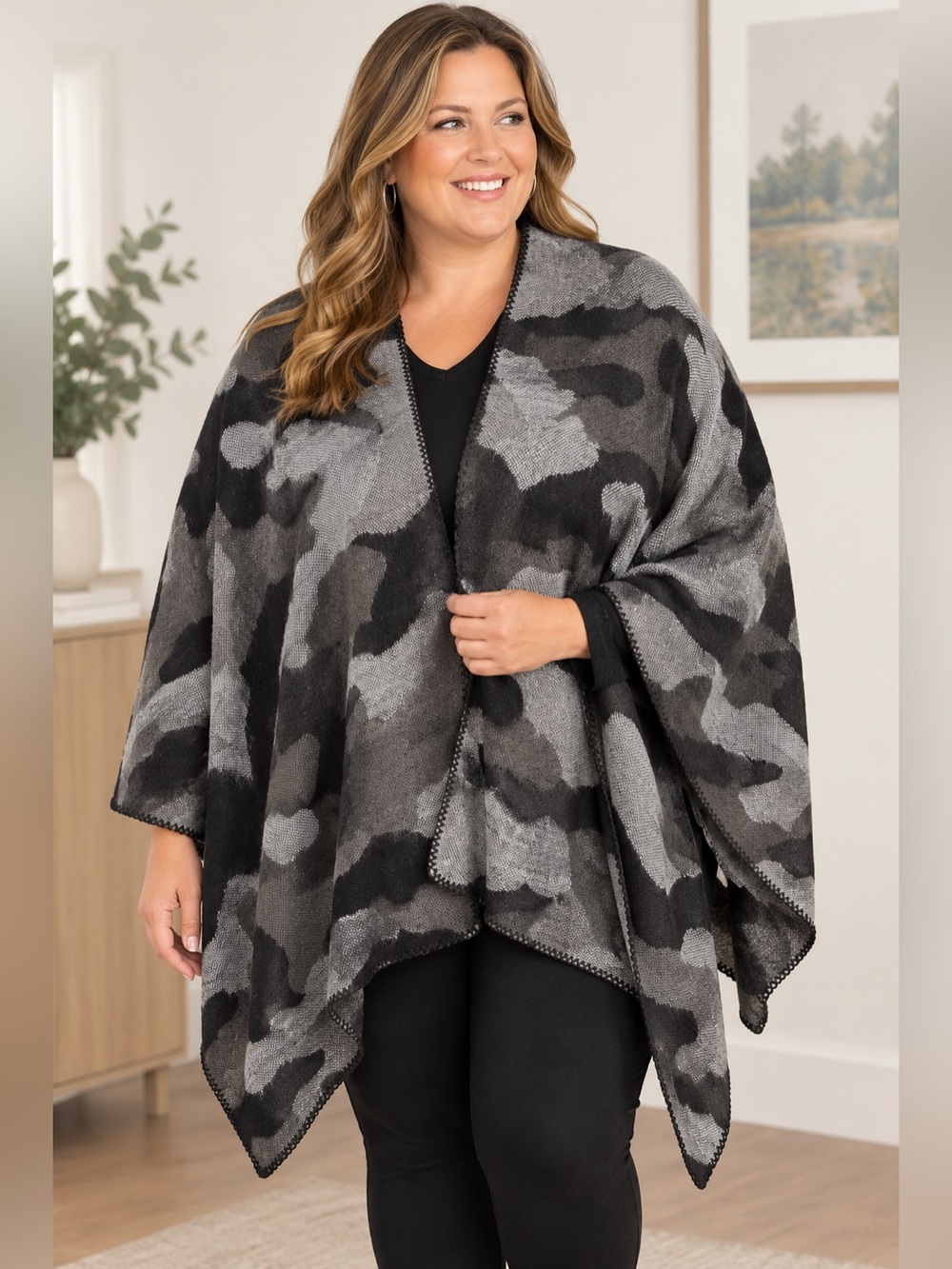 Camouflage Knit Sweater Poncho - Gray/Black